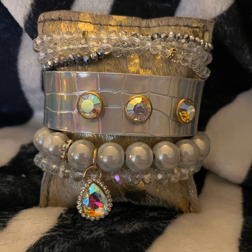 This is called Moon Landing Silver Stack an Iridescent and Crystal Bracelet Set